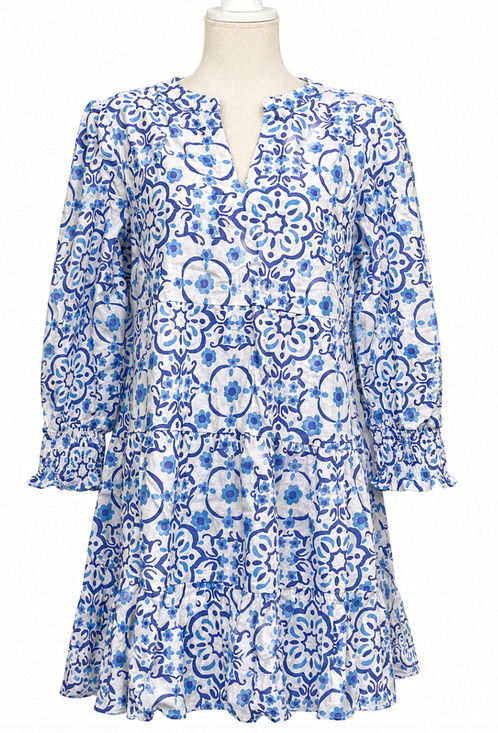 Sail to Sable Dresses & Skirts - SAIL TO SABLE STS BLUE WHITE MEDALLION PRINT LONG SLEEVE TUNIC FLARE DRESS XL